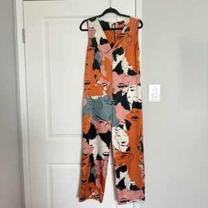Sleeveless Abstract Face Print Jumpsuit in Rust & Pink, Colombian brand Eloisa